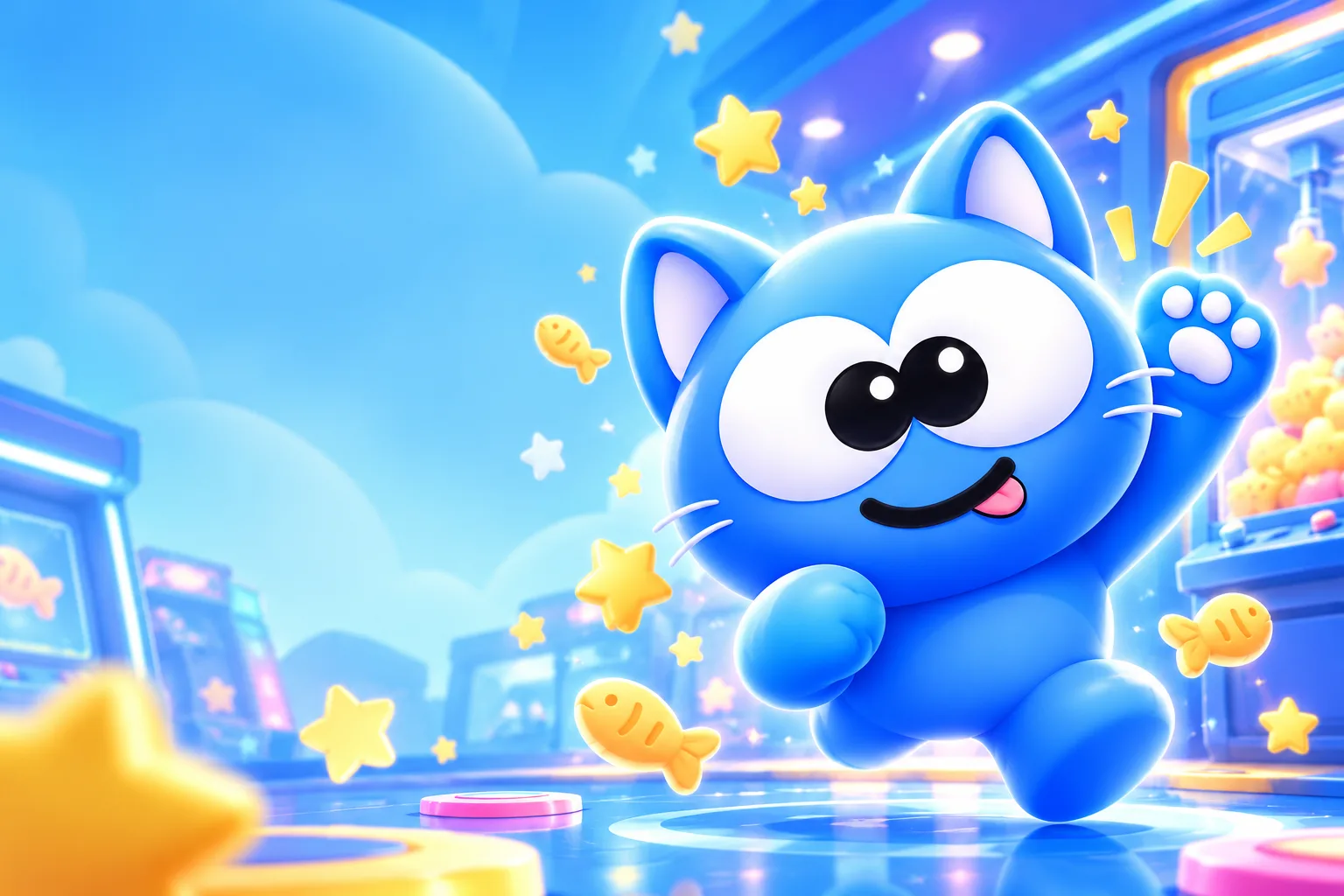 Cheerful GomoCat celebrating a high score in a colorful arcade